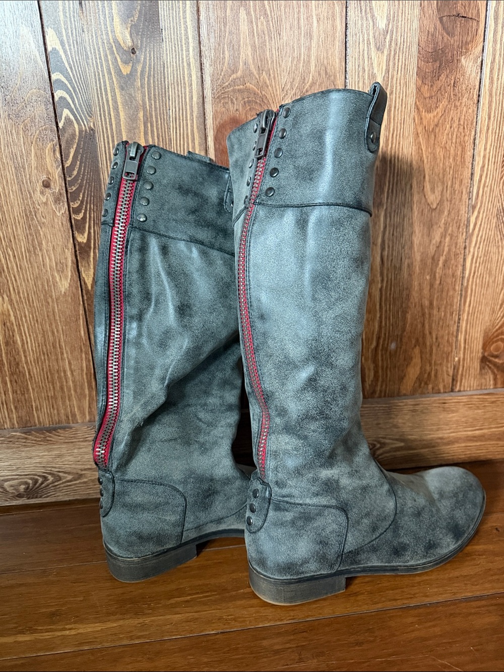 Madden Girl Gray Knee-High Heeled Boots with Red Zipper